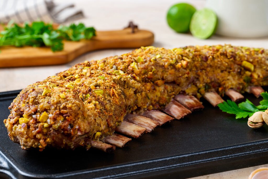 Costillar de cordero con costra de pistacho